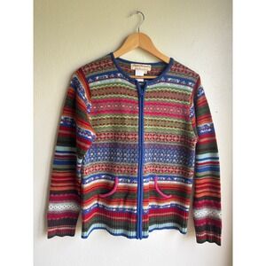 Norm Thompson Womens M Lambswool Fair Isle Full Zip Cardigan Sweater Multicolor